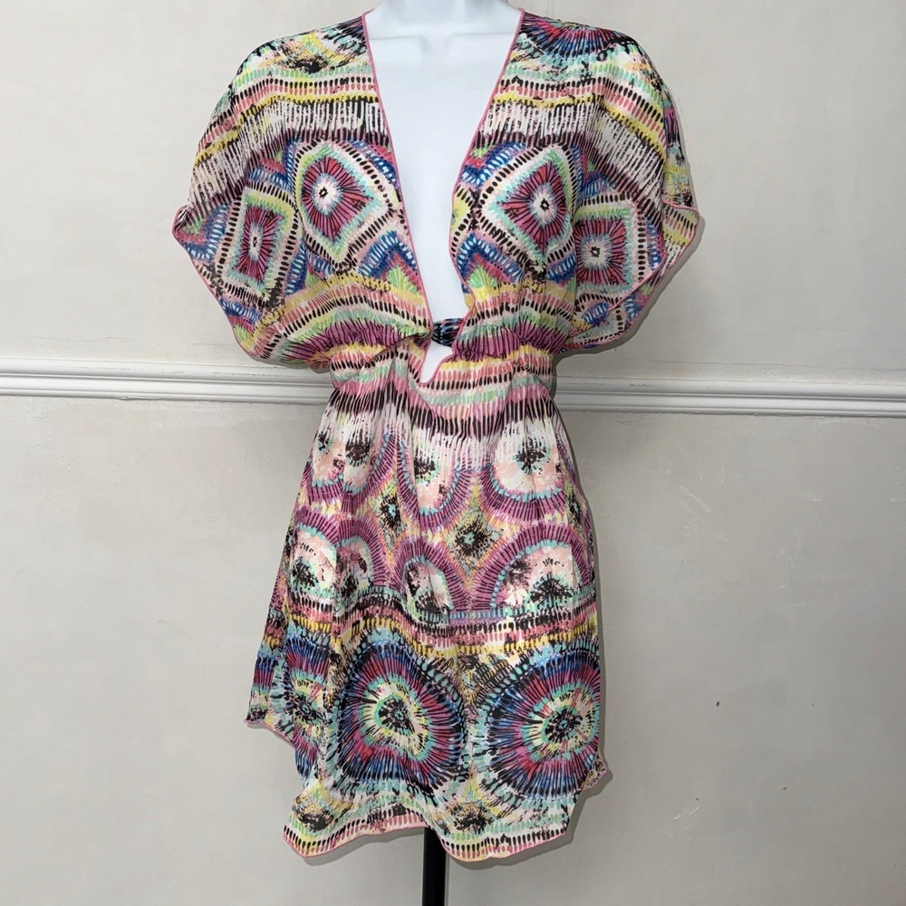Miken Swim Womens Tribal Print Cover Up Multicolor V-Neck Tie Front Medium NEW